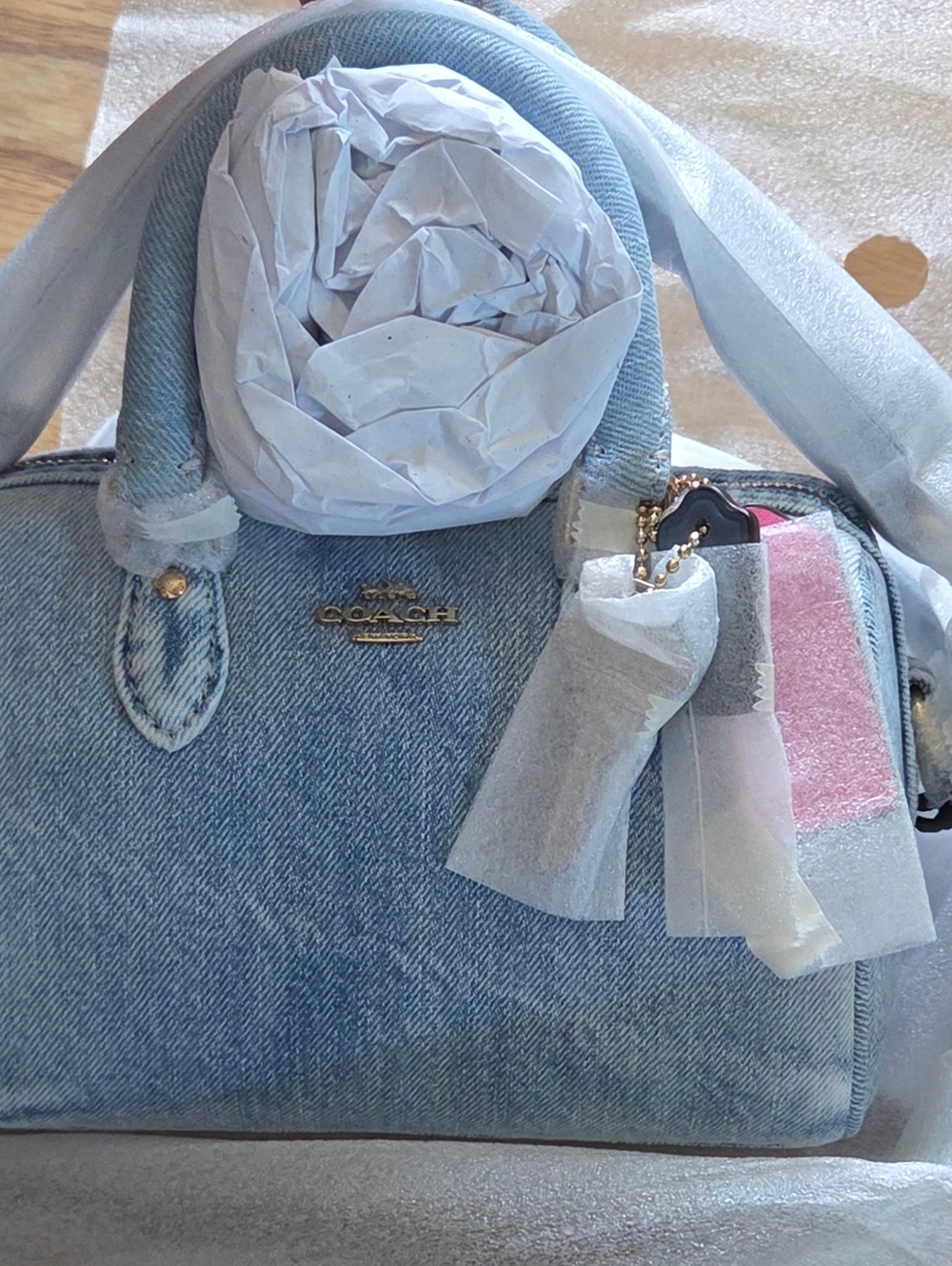 NWT COACH Mini Rowan In LOVED DENIM With CHARMS, In Orig Packaging 🩷🔑 - Picture 7 of 16